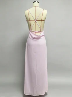 Robe longue dos nu à volants pour femme - Robe sans manches à bretelles et col bénitier ornée d'une fleur 3D - Soirée de gala d'été 2026