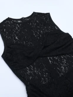Robe longue en dentelle florale transparente pour femme - Robe moulante noire gothique sans manches - Tenue de soirée d'été 2026