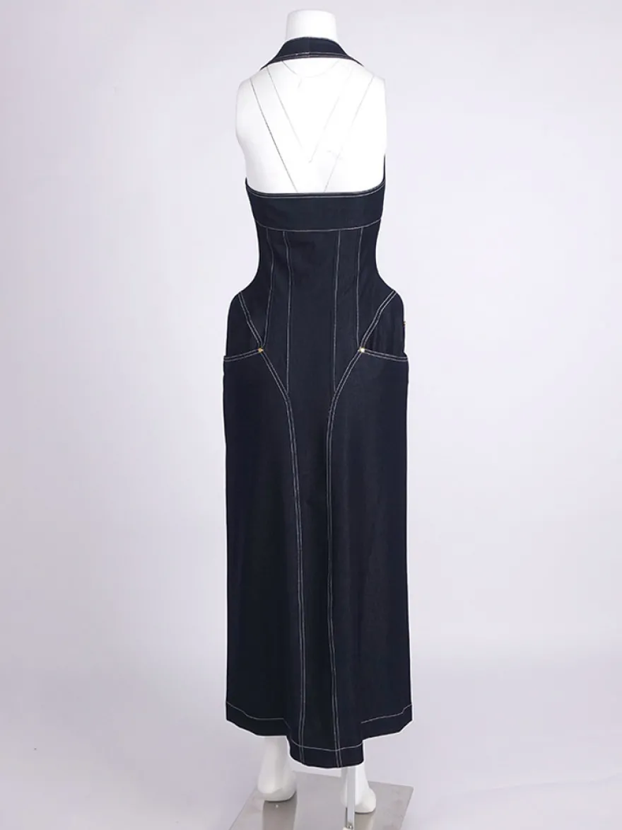 Robe longue en jean bleu sexy à col halter