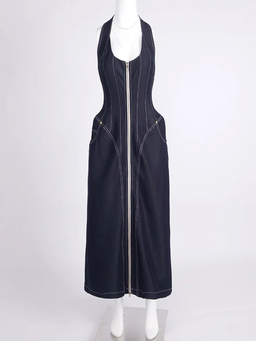 Robe longue en jean bleu sexy à col halter