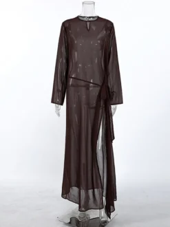 Robe longue en maille transparente à manches longues et fente latérale style cache-maillot pour femme 2026