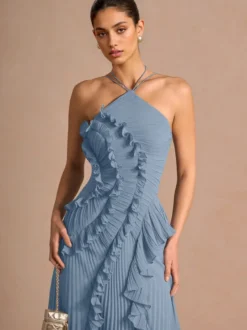 Robe longue en mousseline à volants et col licou avec ourlet irrégulier pour événements spéciaux 2026