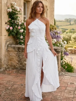 Robe longue en mousseline à volants et col licou avec ourlet irrégulier pour événements spéciaux 2026