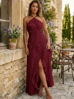 Robe longue en mousseline à volants et col licou avec ourlet irrégulier pour événements spéciaux 2026