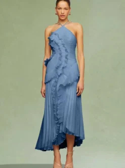 Robe longue en mousseline à volants et col licou avec ourlet irrégulier pour événements spéciaux 2026