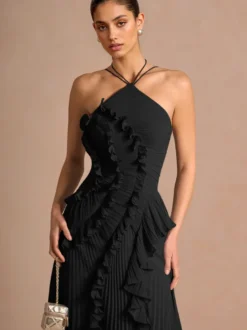 Robe longue en mousseline à volants et col licou avec ourlet irrégulier pour événements spéciaux 2026