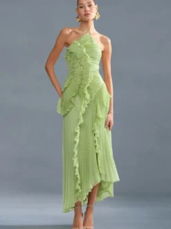 Robe longue en mousseline à volants et col licou avec ourlet irrégulier pour événements spéciaux 2026
