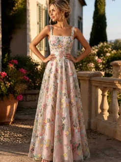Robe longue en tulle brodée de fleurs bretelles spaghetti carrées coupe trapèze idéale pour une invitée de mariage ou une cérémonie.