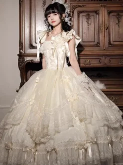 Robe longue Lolita fée blanche à lacets et nœuds ornée de fleurs idéale pour un goûter.