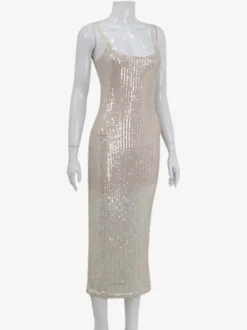 Robe longue nuisette à sequins scintillants pour femme - Robe moulante glamour à fines bretelles - Soirée en boîte de nuit printanière 2026