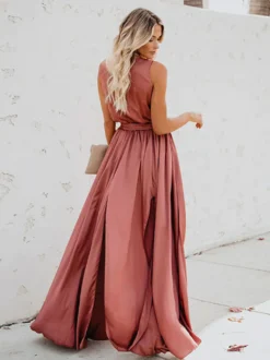 Robe longue portefeuille rose poudré pour femme - Élégante robe longue fendue sur la cuisse et décolleté en V - Tenue d'invitée pour un mariage d'été à la plage 2026