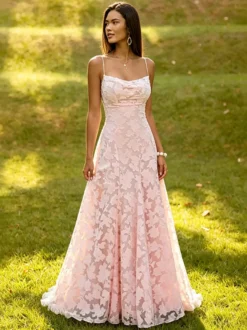 Robe longue rose poudré en dentelle florale bustier sans bretelles laçage croisé dos nu robe de demoiselle d'honneur ou d'invitée de mariage