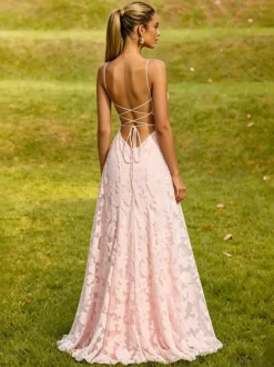 Robe longue rose poudré en dentelle florale bustier sans bretelles laçage croisé dos nu robe de demoiselle d'honneur ou d'invitée de mariage