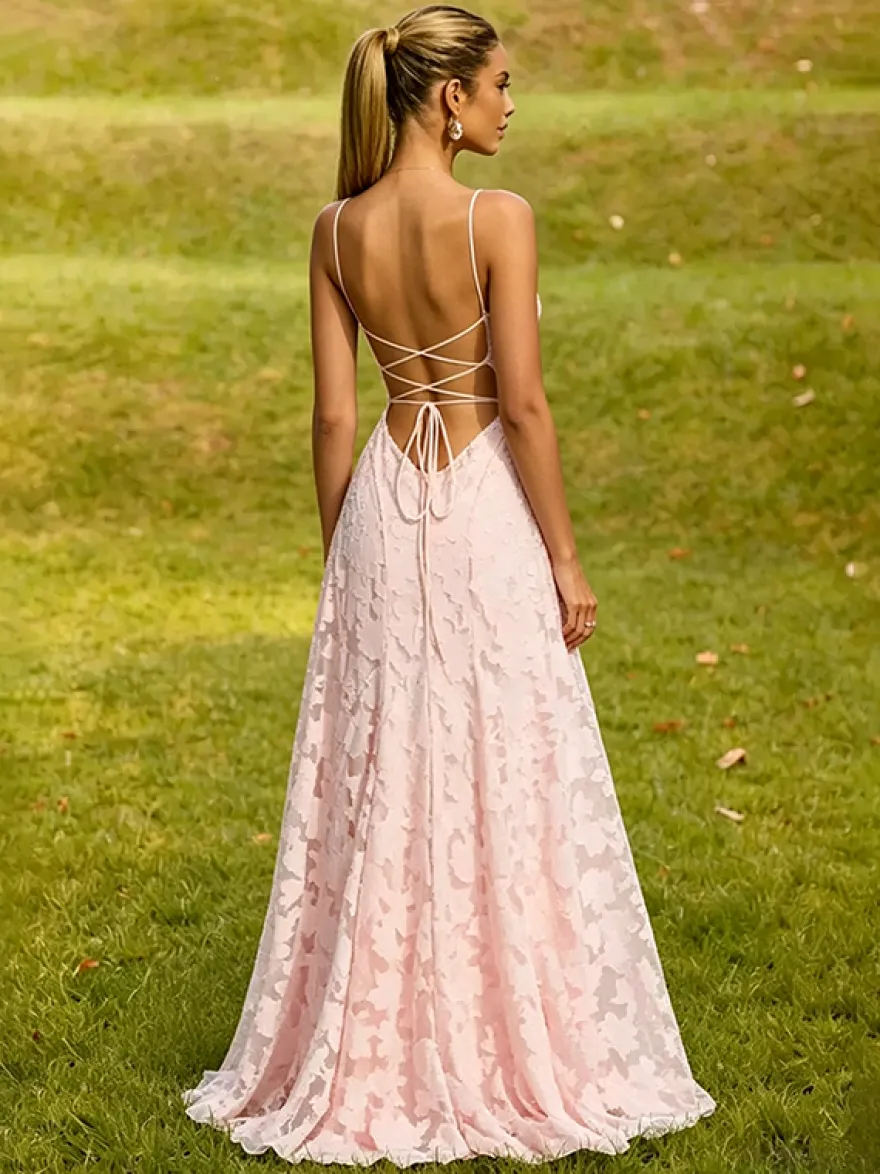 Robe longue rose poudré en dentelle florale bustier sans bretelles laçage croisé dos nu robe de demoiselle d'honneur ou d'invitée de mariage