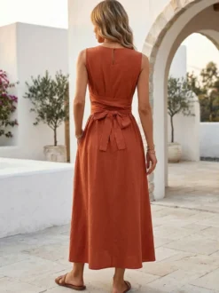 Robe longue sans manches à nouer à la taille pour femme - Robe d'été décontractée unie coupe trapèze avec poches - Vacances d'été à la plage 2026
