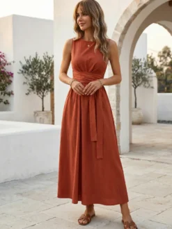 Robe longue sans manches à nouer à la taille pour femme - Robe d'été décontractée unie coupe trapèze avec poches - Vacances d'été à la plage 2026