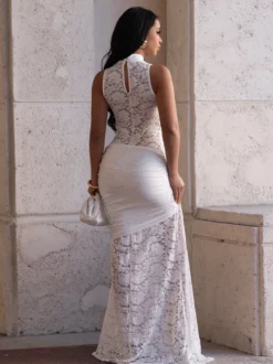 Robe longue sexy en dentelle découpée pour femme - Robe de soirée moulante à fente haute et fronces - Idéale pour les soirées d'été en club 2026