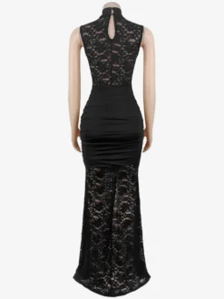 Robe longue sexy en dentelle découpée pour femme - Robe de soirée moulante à fente haute et fronces - Idéale pour les soirées d'été en club 2026