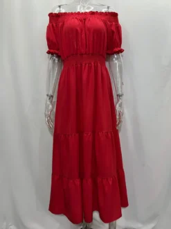 Robe longue smockée à épaules dénudées pour femme - Robe de plage bohème à volants et manches bouffantes - Été 2026