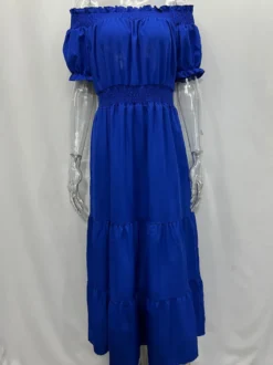 Robe longue smockée à épaules dénudées pour femme - Robe de plage bohème à volants et manches bouffantes - Été 2026