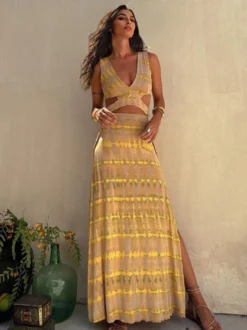 Robe longue tie-dye pour femme - Robe d'été bohème fluide sans manches décolleté en V et fente haute - Idéale pour les vacances d'été à la plage 2026