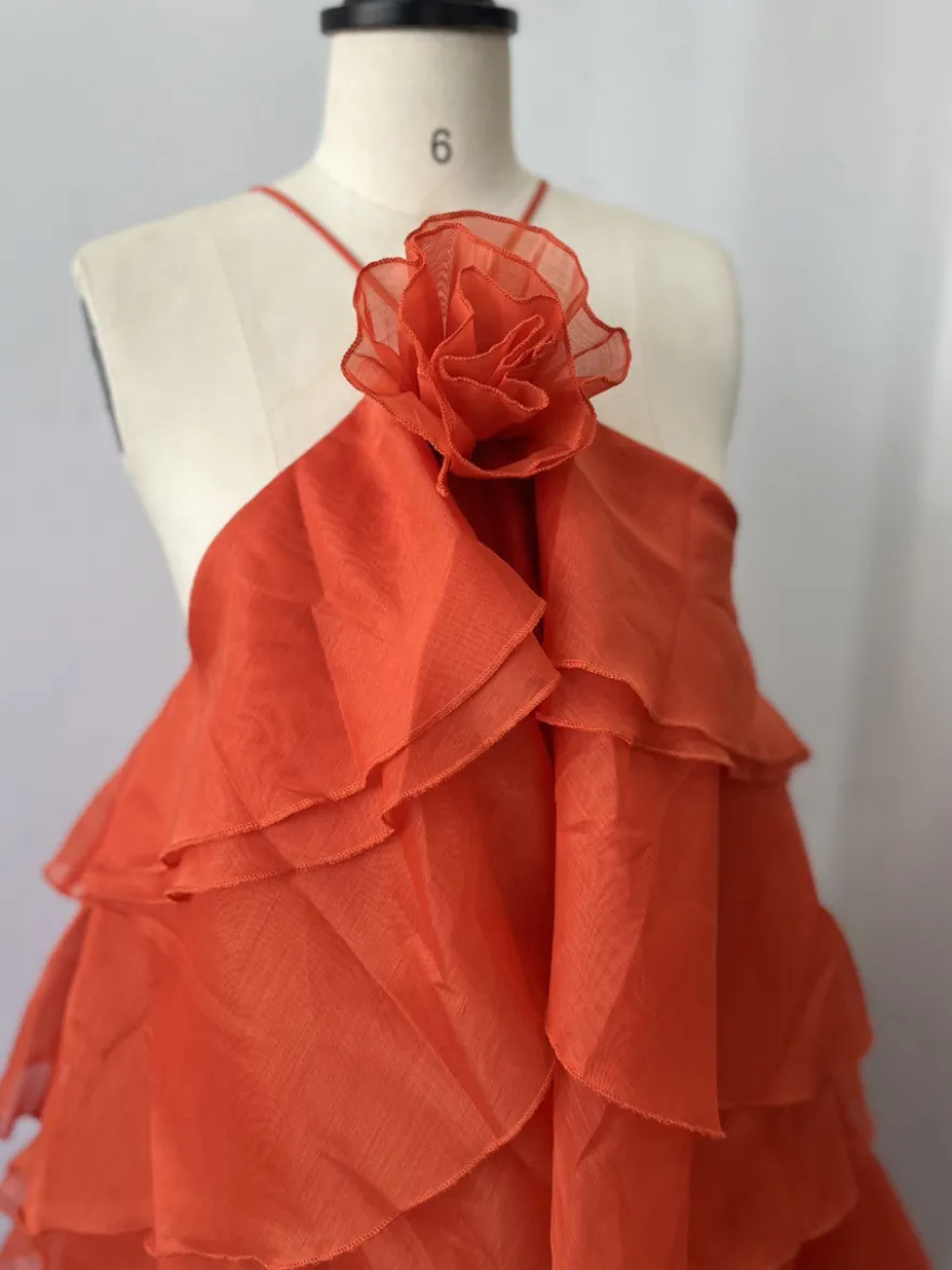 Robe longue à volants avec détails floraux et dos ouvert pour les événements d'été 2026