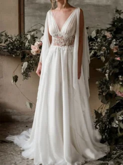 Robe mariée bohème col et dos V manche longue jupe plissée Robe de mariage