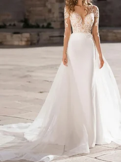 Robe mariée col et dos en V en dentelle manches longues à traîne robe de mariée à la plage