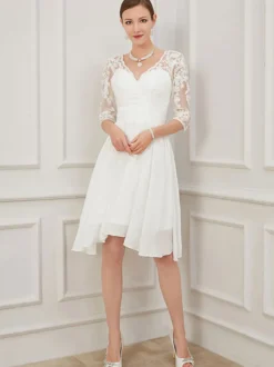 Robe mariée courte col en forme de coeur demi-manche en dentelle dos en V Robe de mariage simple
