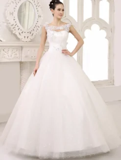 Robe mariée princesse col rond en dentelle dos nu à laçage jupe évasée en dentelle pailleté robe de mariée