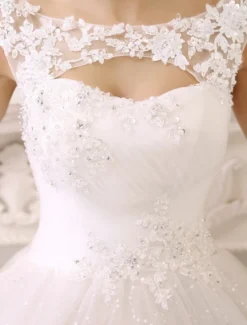 Robe mariée princesse col rond en dentelle dos nu à laçage jupe évasée en dentelle pailleté robe de mariée