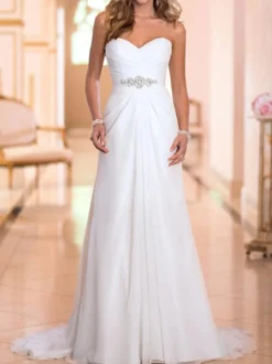 Robe mariée simple col en coeur décolletée à laçage jupe plissée à traîne robe de mariage