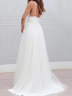 Robe mariée simple col V taille haute dos nu longueur au sol Robe de mariée à la plage