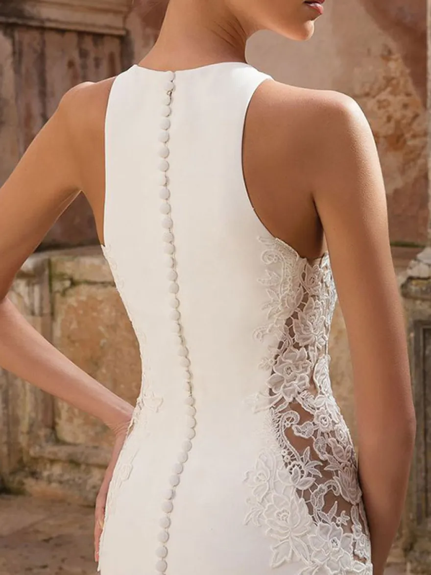 Robe mariée 2026 sirène col rond en dentelle à traîne boutonné sur dos Robe de mariée