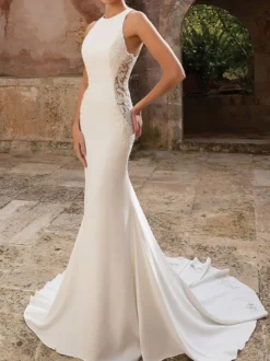Robe mariée 2026 sirène col rond en dentelle à traîne boutonné sur dos Robe de mariée