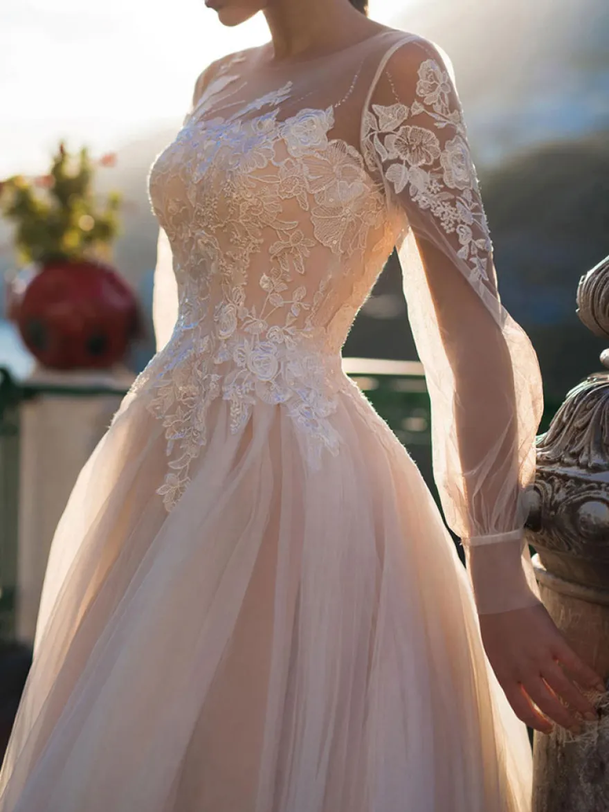 Robe mariée trapèze col rond manche longue transparent boutonné sur dos jupe vaporeuse Robe de mariage