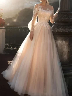 Robe mariée trapèze col rond manche longue transparent boutonné sur dos jupe vaporeuse Robe de mariage