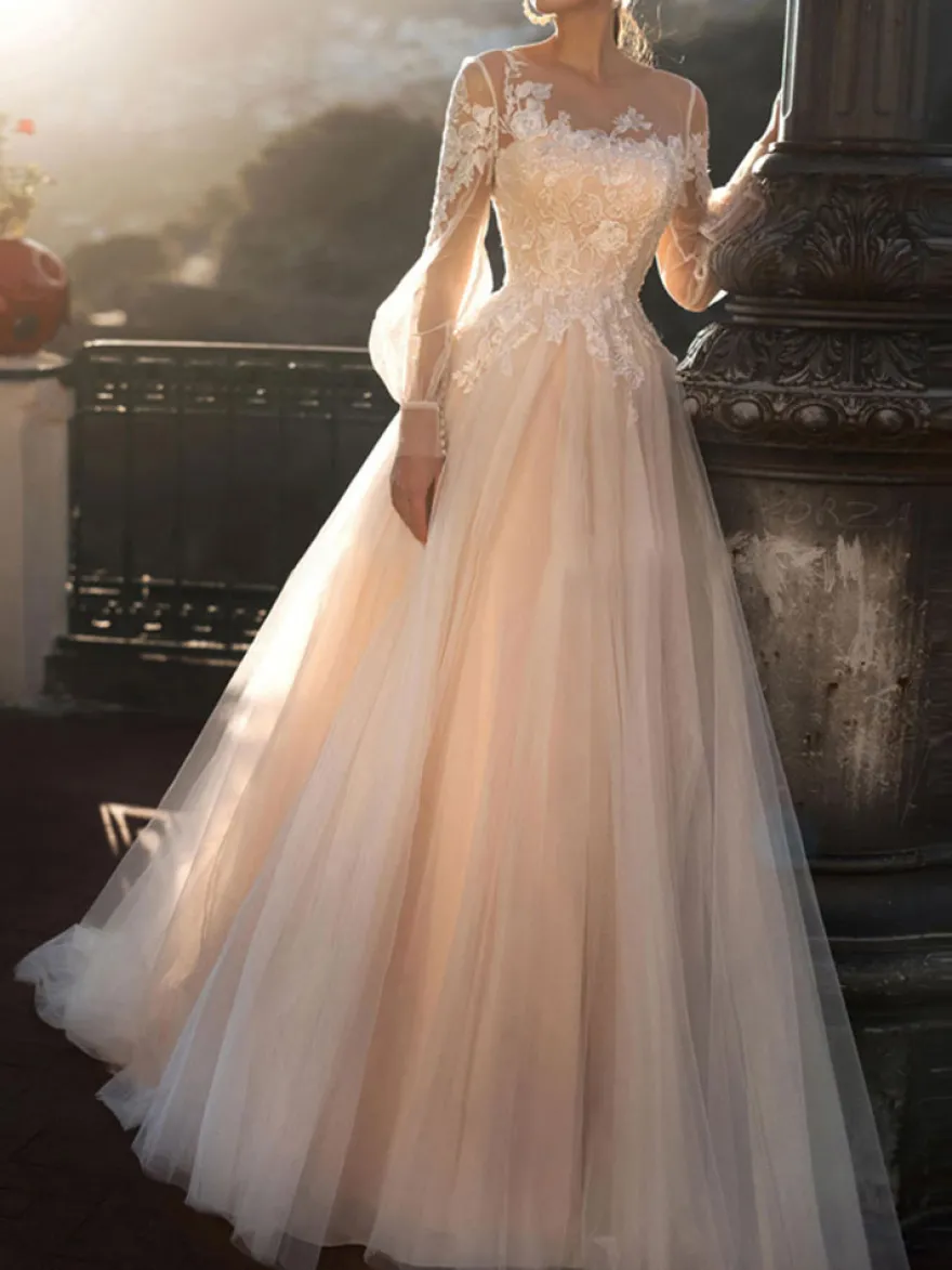 Robe mariée trapèze col rond manche longue transparent boutonné sur dos jupe vaporeuse Robe de mariage