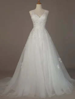 Robe mariée trapèze col V décolleté jupe en tulle à traîne robe de mariage