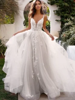 Robe mariée trapèze col V en detenlle à bretelle décolletée jupe bouffante à traîne Robe de mariage
