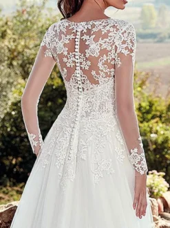 Robe mariée trapèze col V manche longue dos transparent à traîne jupe en tulle Robe de mariée