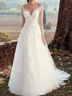 Robe mariée trapèze col V manche longue dos transparent à traîne jupe en tulle Robe de mariée