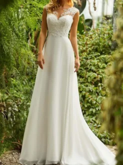 Robe mariée trapèze en dentelle dos transparent à traîne Robe de mariage