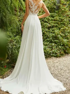 Robe mariée trapèze en dentelle dos transparent à traîne Robe de mariage