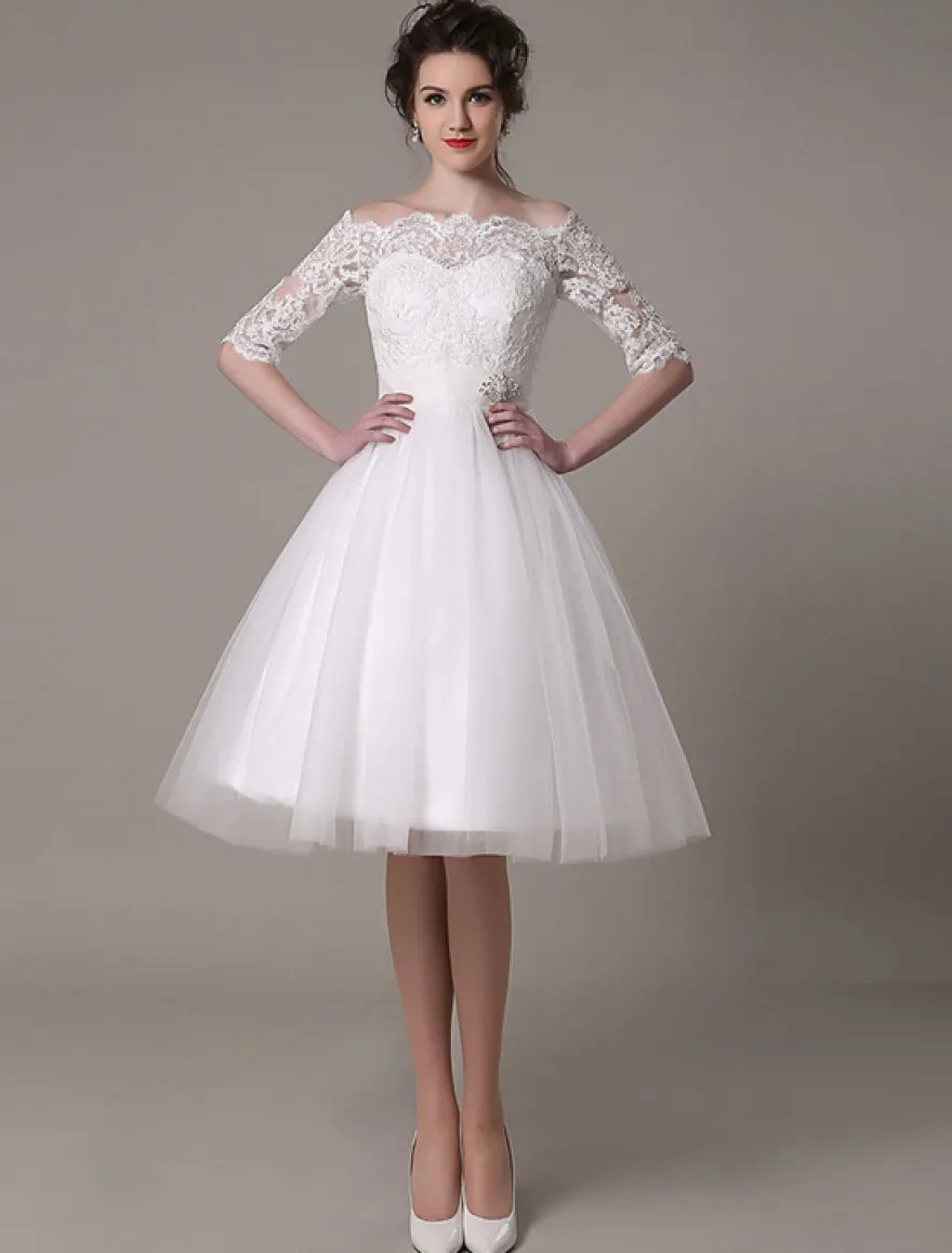 Robe mariée vintage col bateau demi-manche en dentelle jupe en tulle courte au dessus de genou Robe de mariage