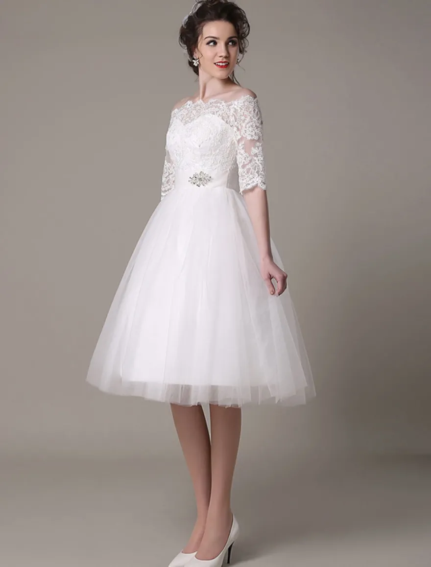 Robe mariée vintage col bateau demi-manche en dentelle jupe en tulle courte au dessus de genou Robe de mariage