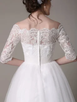 Robe mariée vintage col bateau demi-manche en dentelle jupe en tulle courte au dessus de genou Robe de mariage