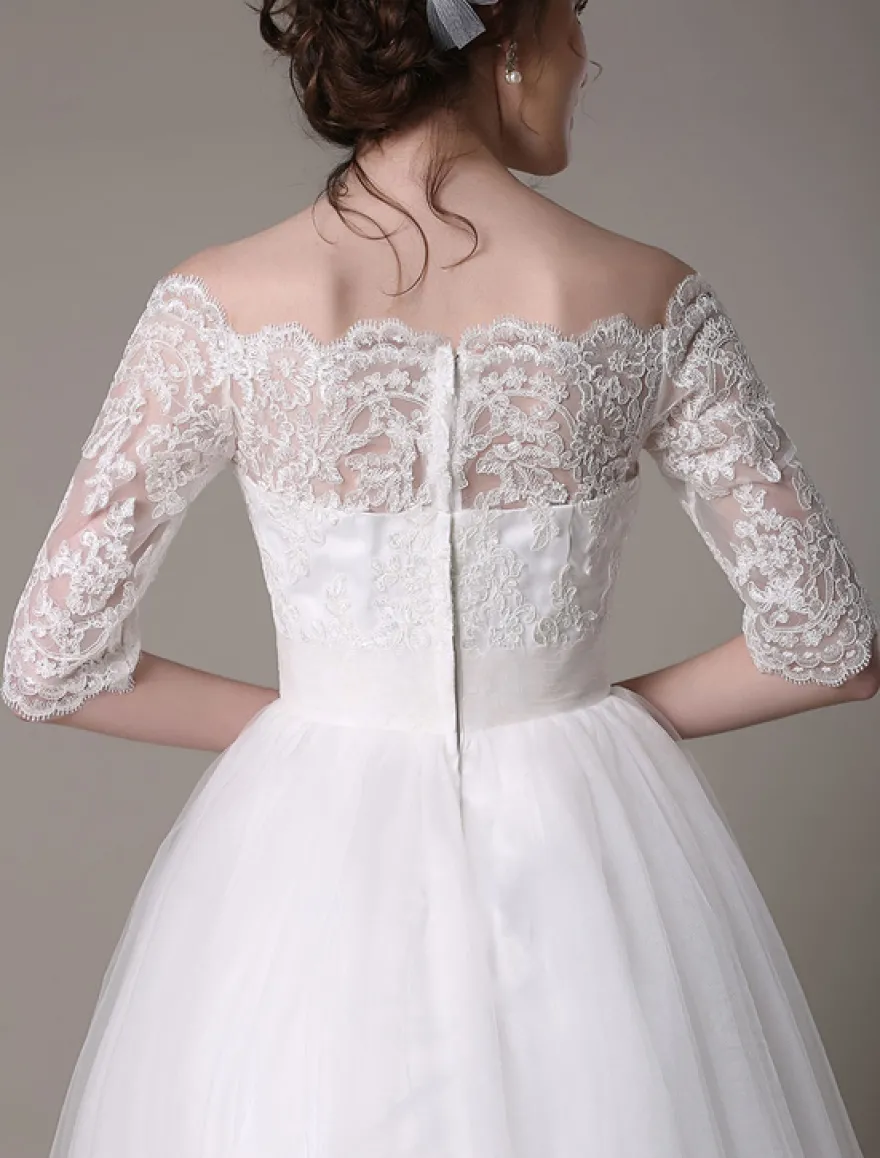 Robe mariée vintage col bateau demi-manche en dentelle jupe en tulle courte au dessus de genou Robe de mariage