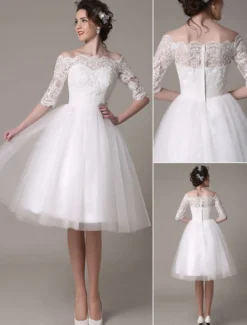 Robe mariée vintage col bateau demi-manche en dentelle jupe en tulle courte au dessus de genou Robe de mariage