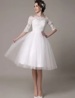 Robe mariée vintage col bateau demi-manche en dentelle jupe en tulle courte au dessus de genou Robe de mariage